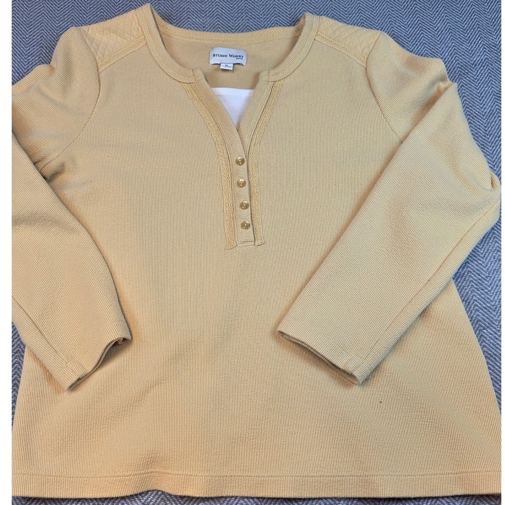 Studio Works Petite Yellow Ribbed Henley Top Quilted Shoulder Size PL
